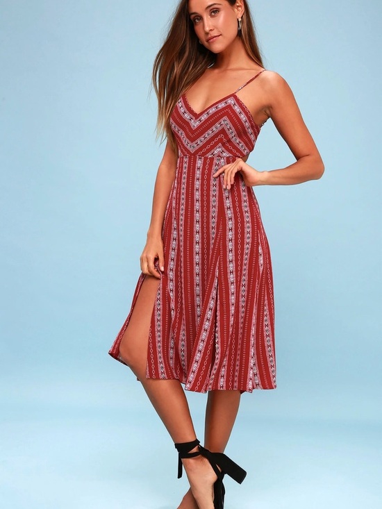 Lulus Dresses & Skirts - New Lulus Red Geometric Print Midi Dress - Size Medium